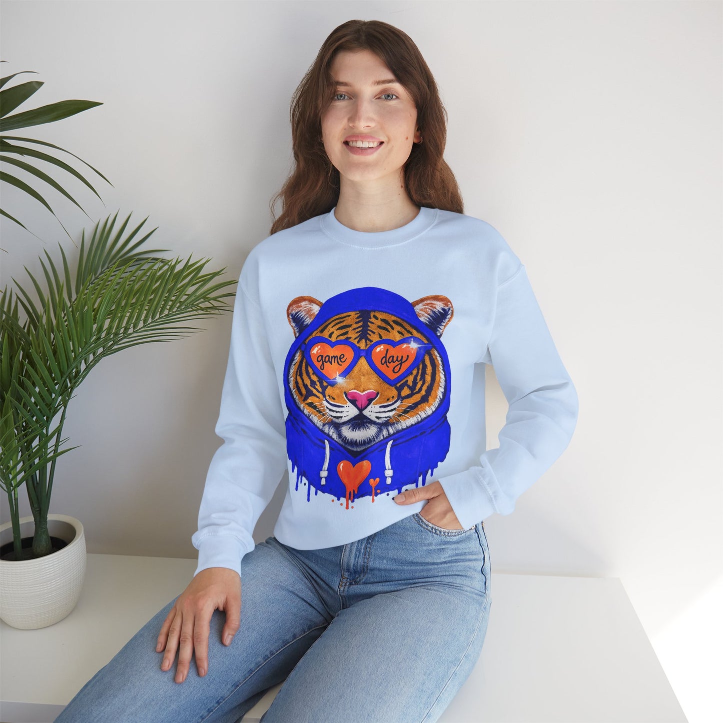 Game Day Tiger with Shades + Hoodie Crewneck Sweatshirt - Tiger Game Day blue orange Design