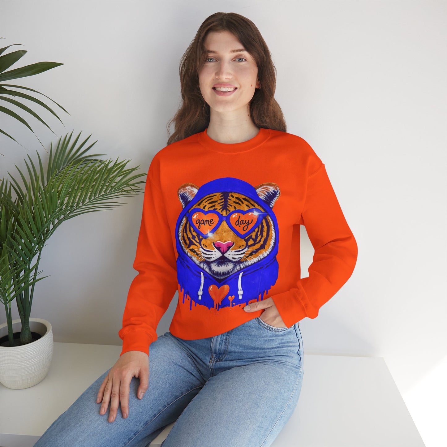 Game Day Tiger with Shades + Hoodie Crewneck Sweatshirt - Tiger Game Day blue orange Design