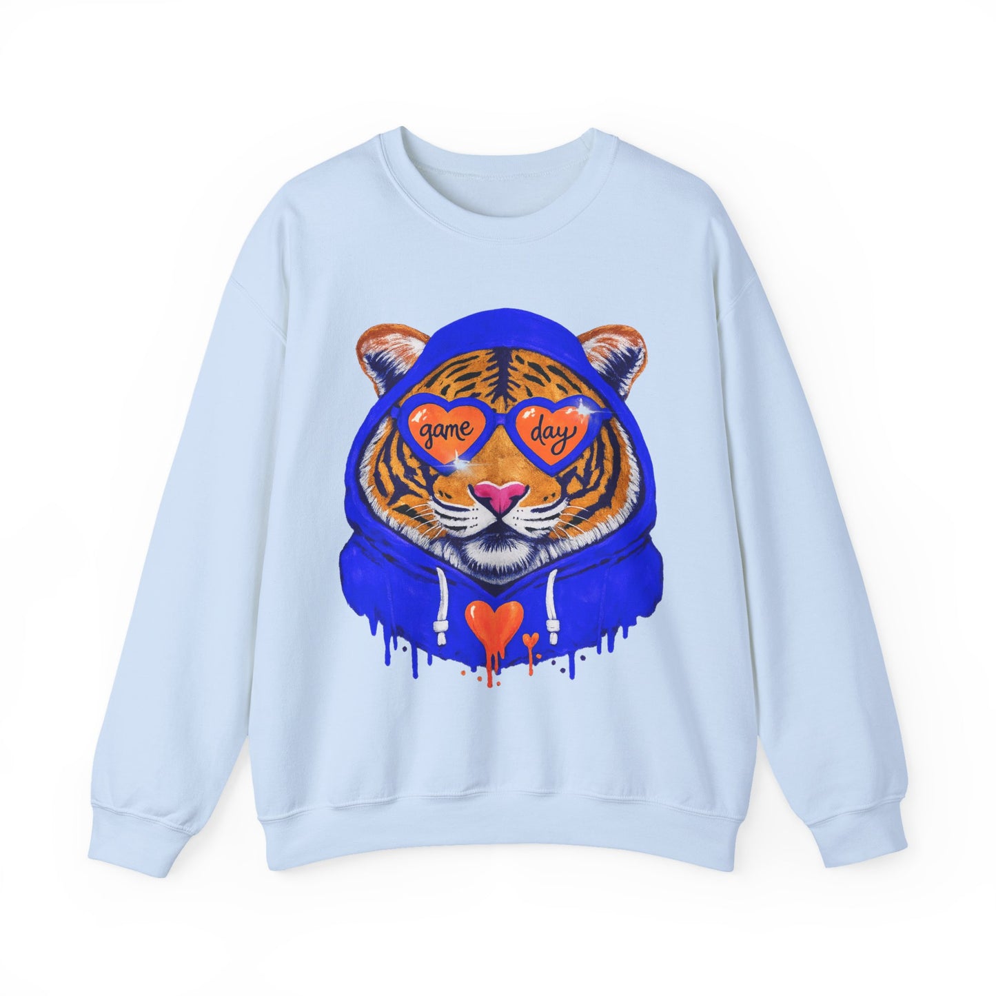 Game Day Tiger with Shades + Hoodie Crewneck Sweatshirt - Tiger Game Day blue orange Design