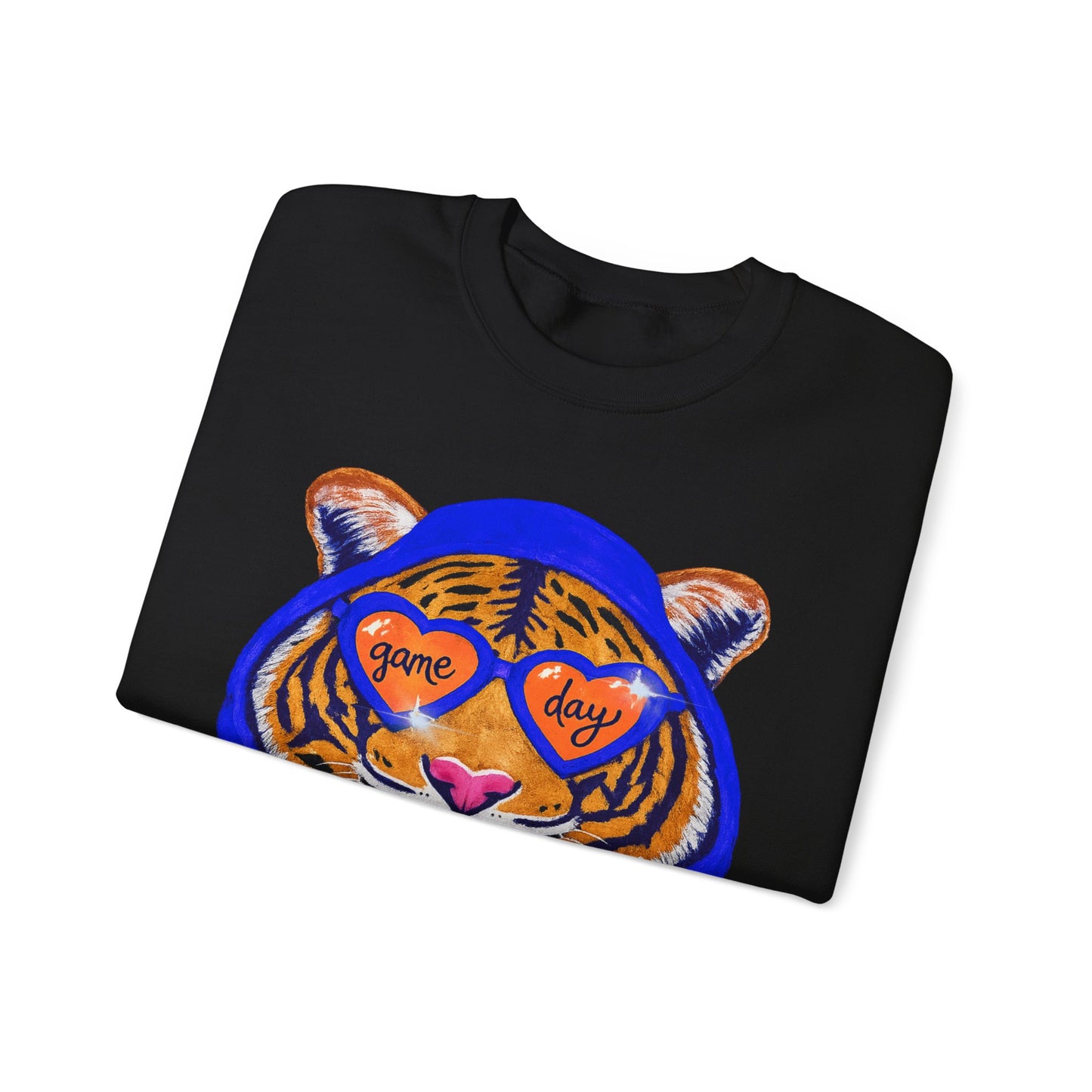 Game Day Tiger with Shades + Hoodie Crewneck Sweatshirt - Tiger Game Day blue orange Design