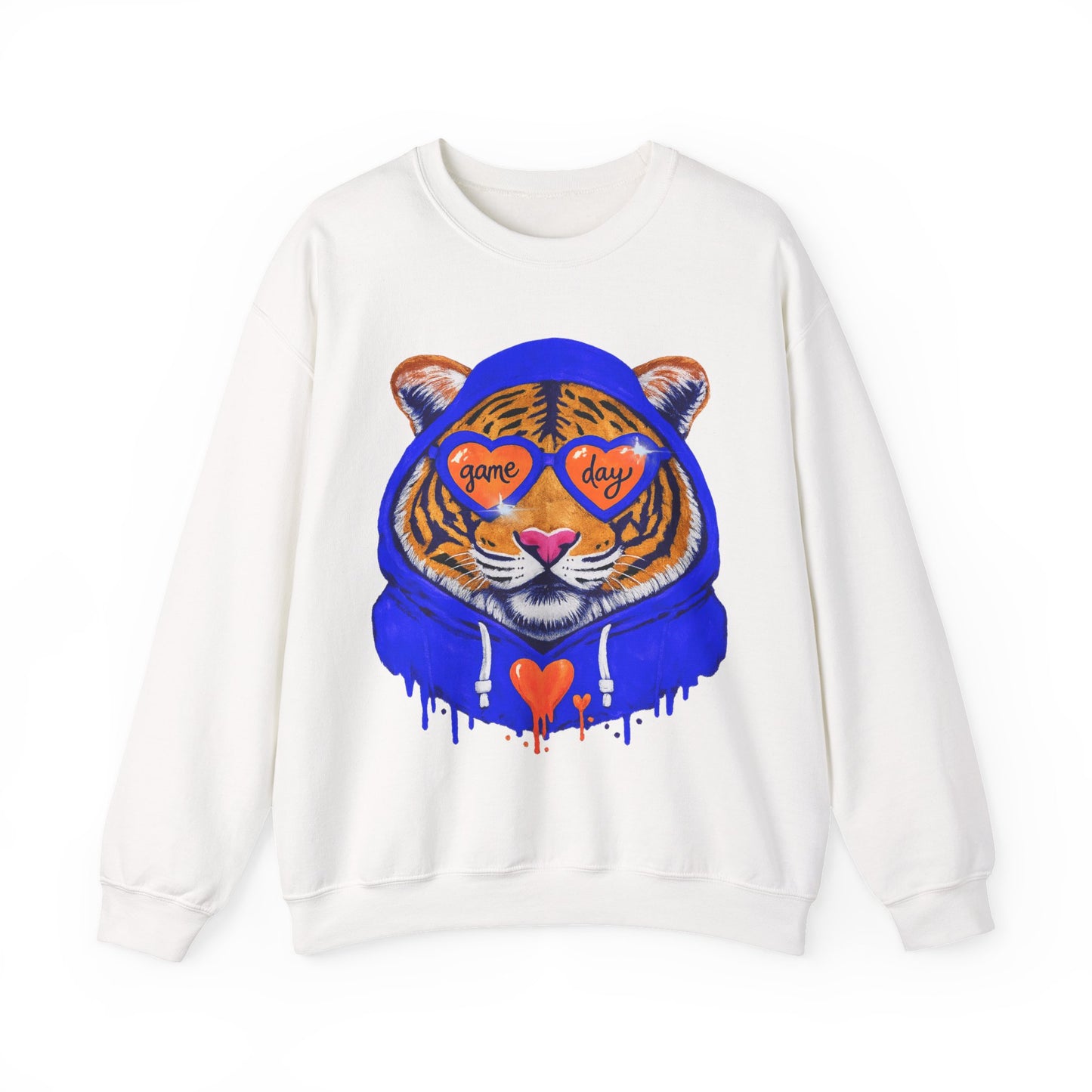 Game Day Tiger with Shades + Hoodie Crewneck Sweatshirt - Tiger Game Day blue orange Design