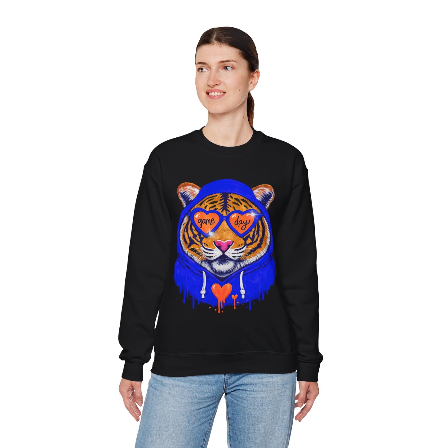 Game Day Tiger with Shades + Hoodie Crewneck Sweatshirt - Tiger Game Day blue orange Design