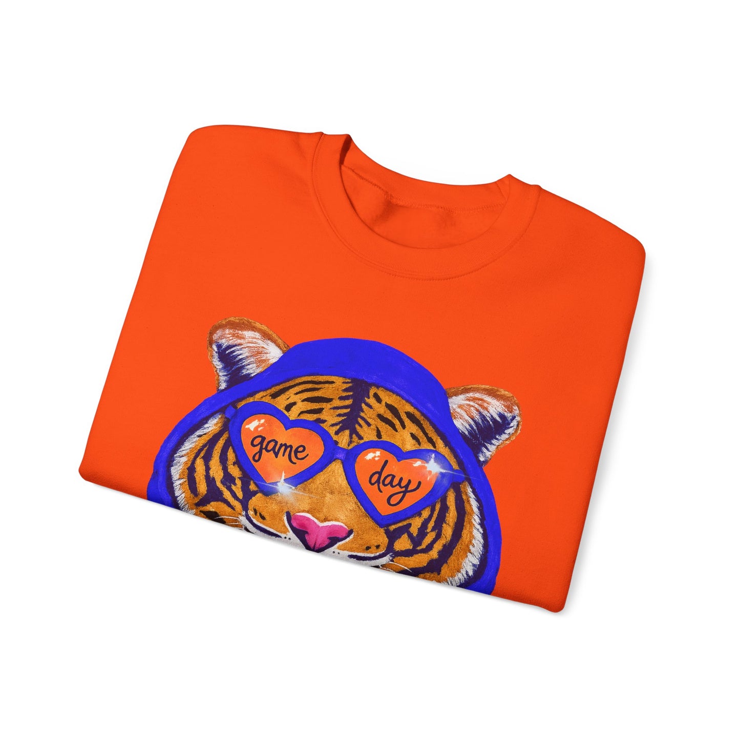Game Day Tiger with Shades + Hoodie Crewneck Sweatshirt - Tiger Game Day blue orange Design