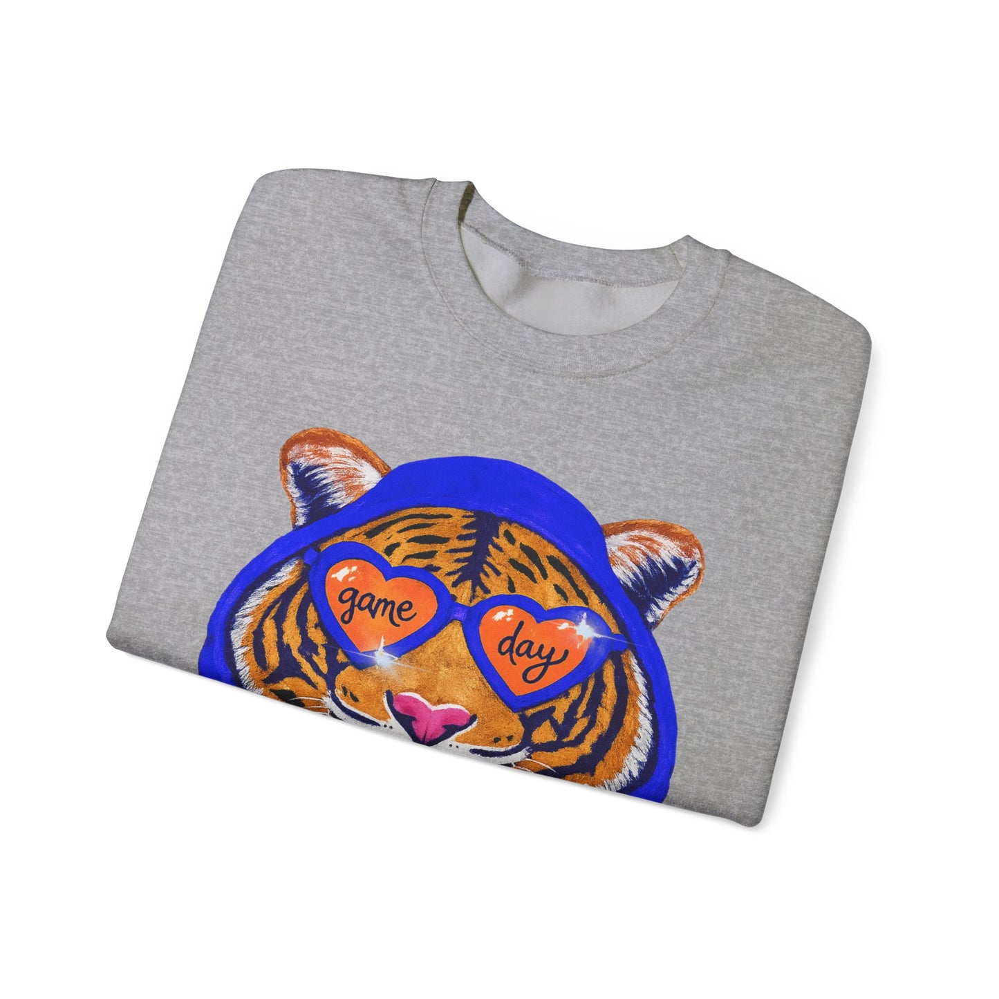 Game Day Tiger with Shades + Hoodie Crewneck Sweatshirt - Tiger Game Day blue orange Design