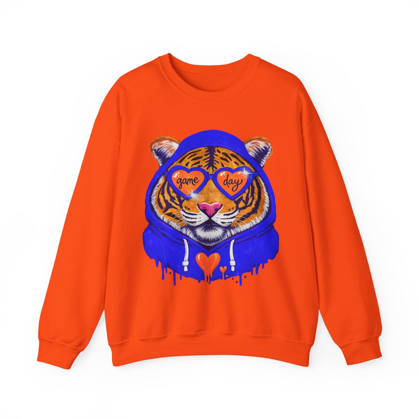 Game Day Tiger with Shades + Hoodie Crewneck Sweatshirt - Tiger Game Day blue orange Design
