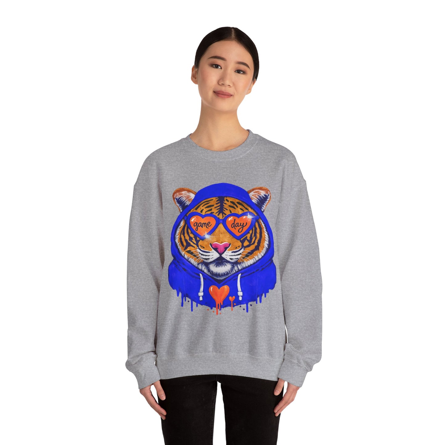 Game Day Tiger with Shades + Hoodie Crewneck Sweatshirt - Tiger Game Day blue orange Design