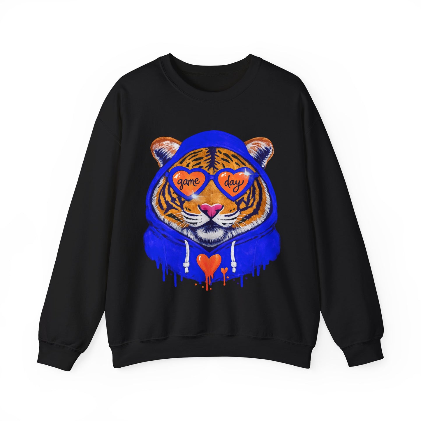 Game Day Tiger with Shades + Hoodie Crewneck Sweatshirt - Tiger Game Day blue orange Design