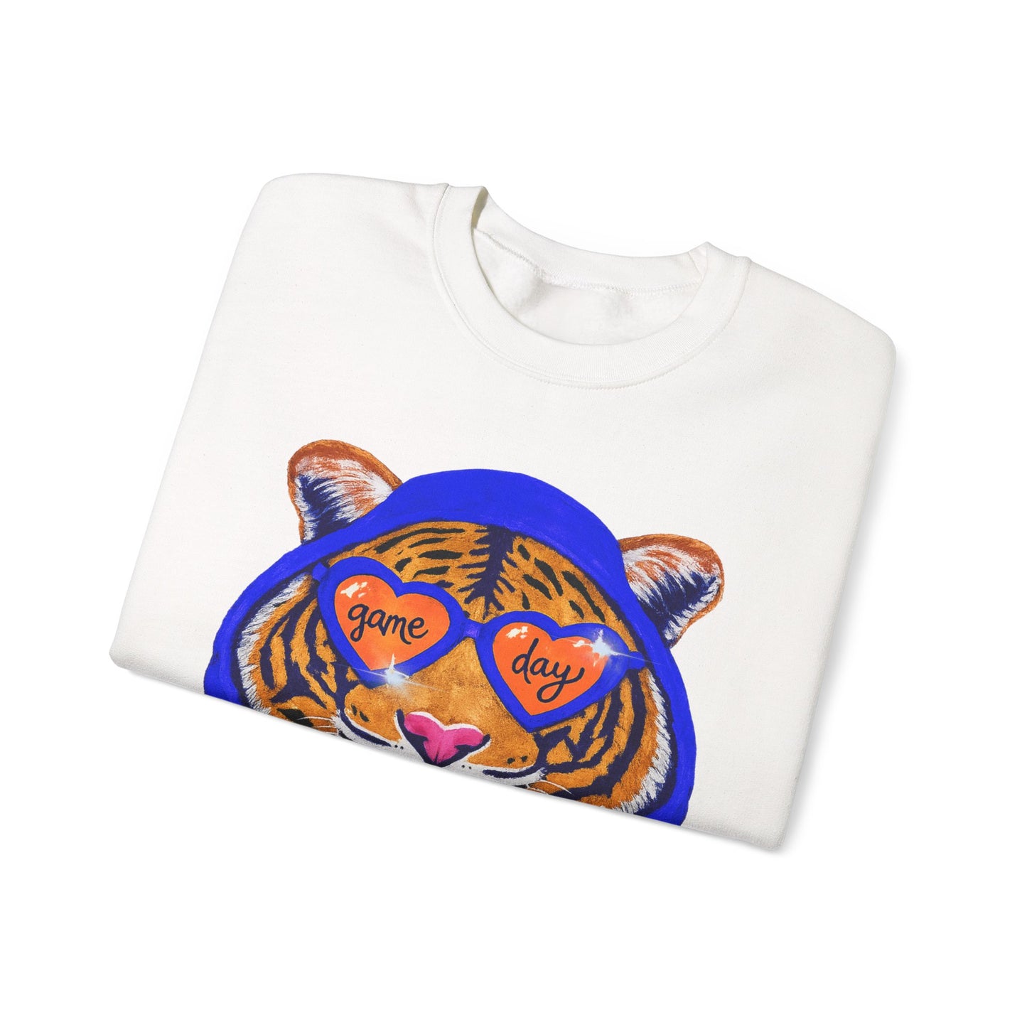 Game Day Tiger with Shades + Hoodie Crewneck Sweatshirt - Tiger Game Day blue orange Design