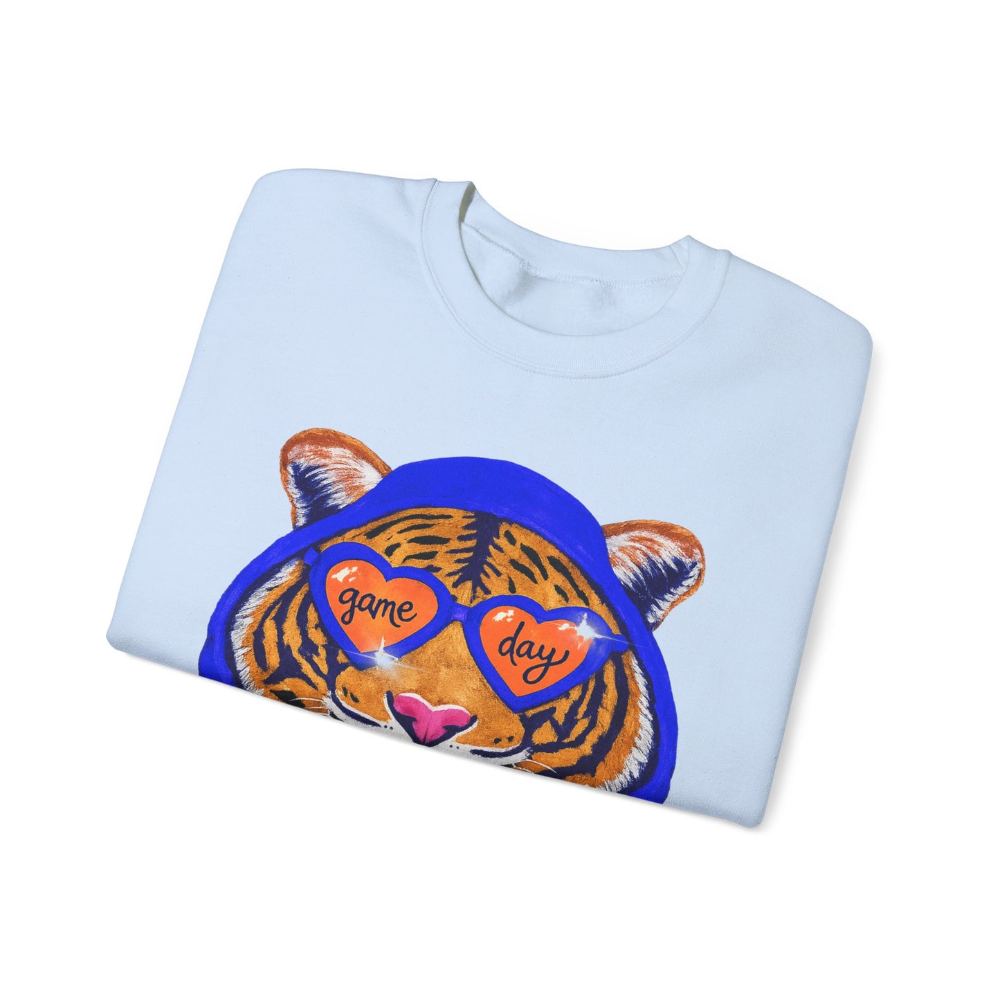 Game Day Tiger with Shades + Hoodie Crewneck Sweatshirt - Tiger Game Day blue orange Design