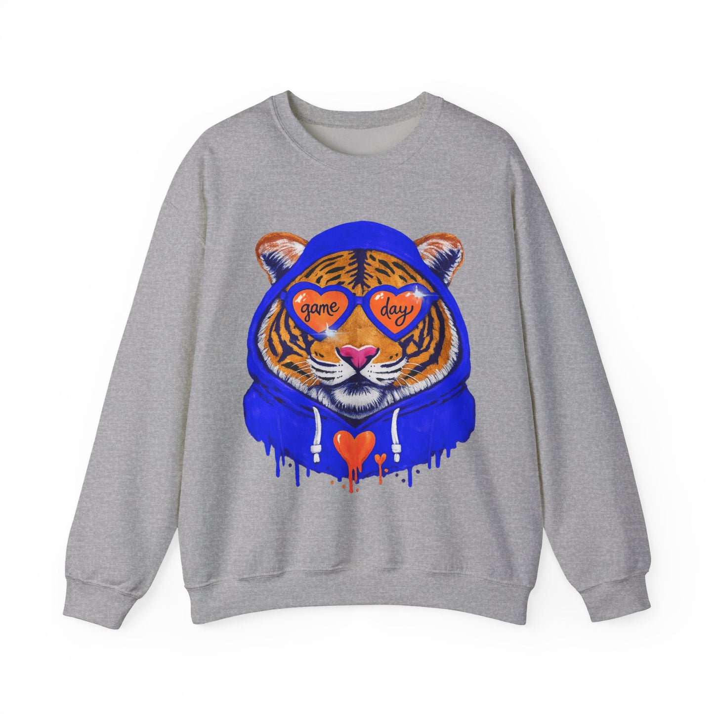 Game Day Tiger with Shades + Hoodie Crewneck Sweatshirt - Tiger Game Day blue orange Design