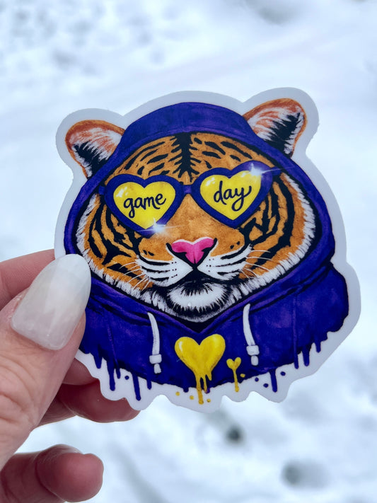Game Day Tiger Purple + Gold Waterproof Vinyl 3” Sticker